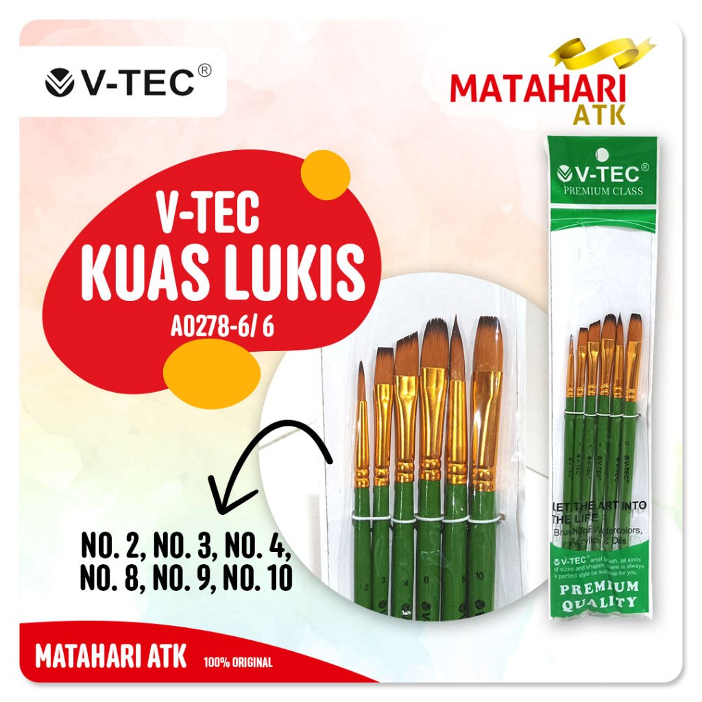 

Kuas V-TEC tipe A0278-6/ 6 SET / Kuas Lukis VTEC / Brush for Watercolor Acrylic, Oil / 6 Ukuran V Tec No. 2 No. 3 No. 4 No. 8 No. 9 No. 10