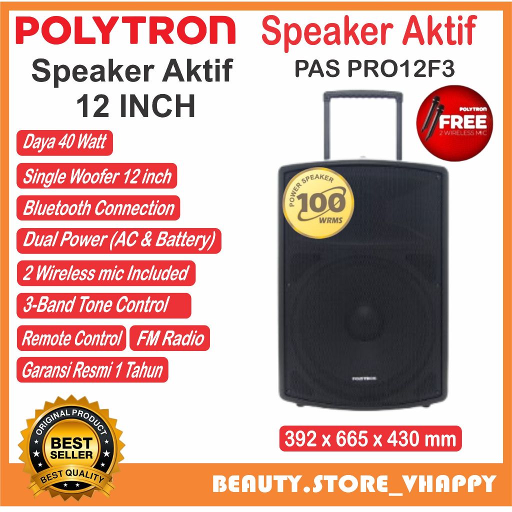 Speaker Aktif Polytron Portable Bluetooth PAS PRO12F3 Karaoke - FM Radio ( Free 2 Mic Wireless )