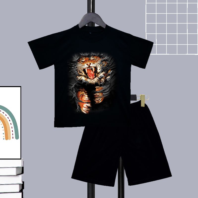 KAOS SETELAN ANAK MOTIF MACAN KUMIS SABLON DTF