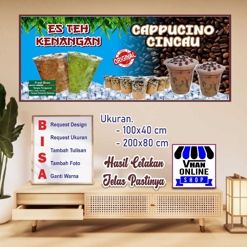 Cetak Spanduk Banner Jualan Es Teh Hijau dan Cappucino Cincau