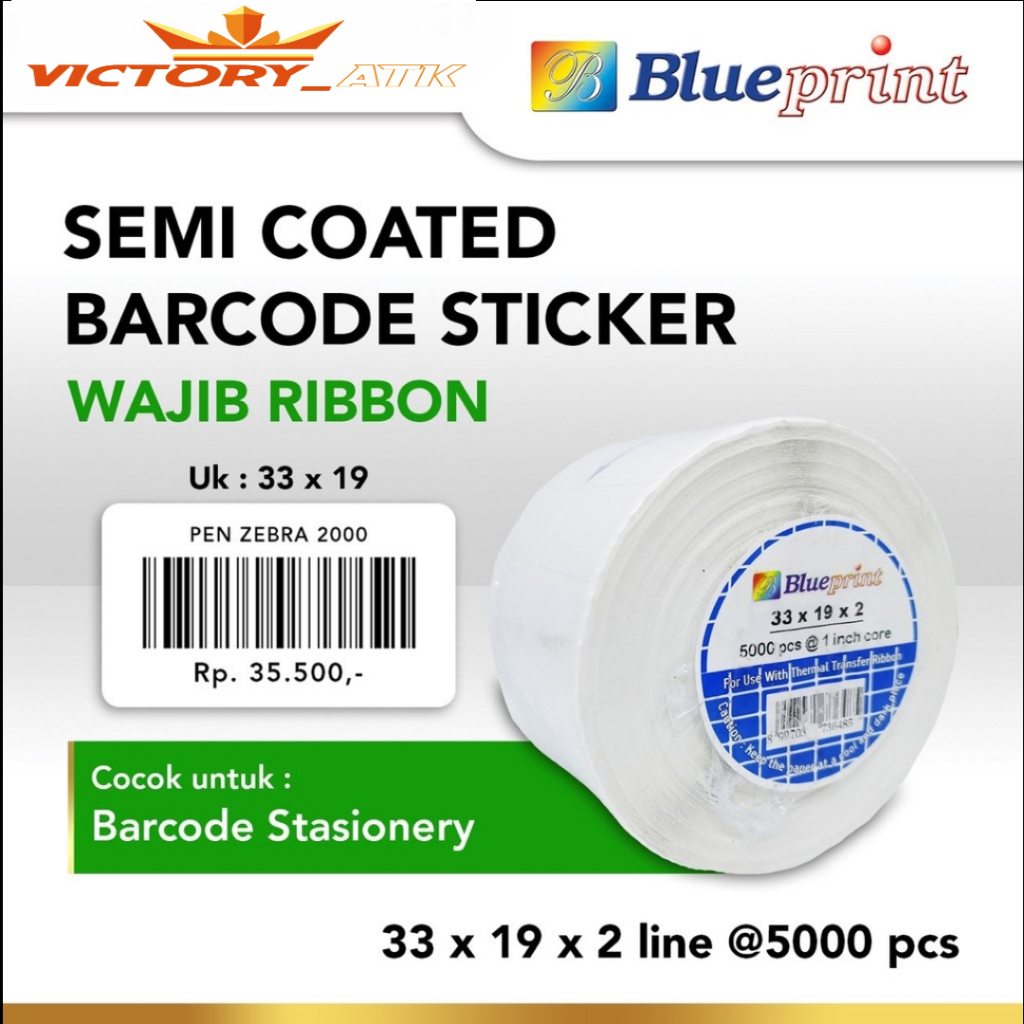 

Sticker Barcode Semicoated 33x19 mm 2 Line BLUEPRINT Stiker Label Semi Coated 33 x 19 x 2 Line - 1 Roll