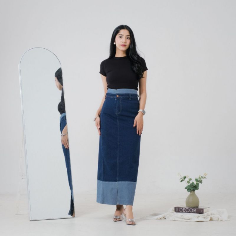 ROK JEANS TWO TONE-TWO TONE ROK SKRIT JEANS HIGHWAIST WANITA-ROK JEANS PANJANG STREACH
