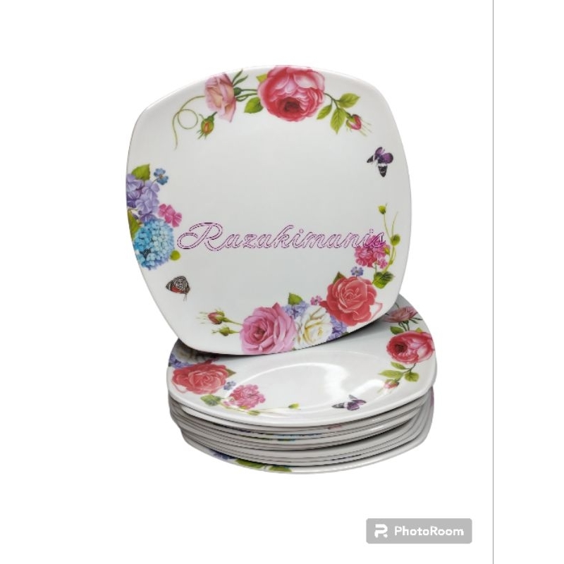 PIRING SAJI MELAMIN KOTAK CEPER MOTIF BUNGA