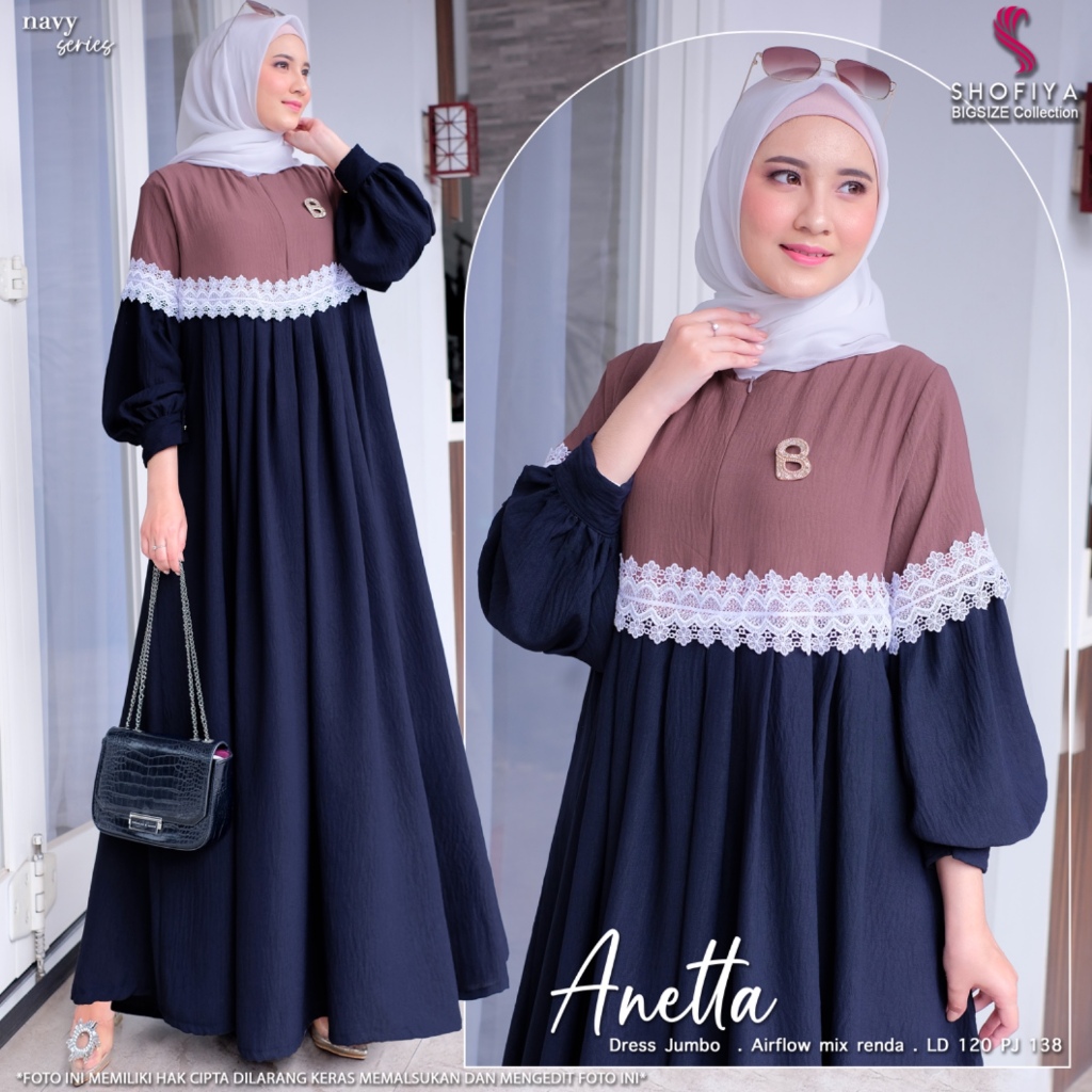 Anetta baju gamis maxy dres wanita muslim ibu ibu jumbo ld 120 airflow polos  mix renda terbaru 2024