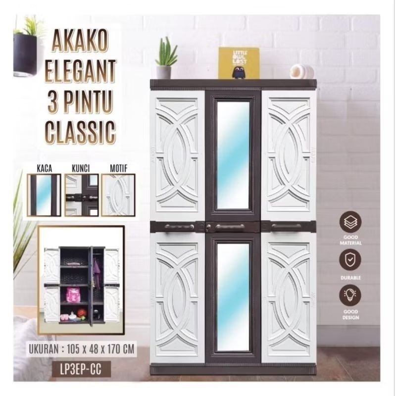 Lemari Pakaian Plastik 3 Pintu Gantungan / Lemari Baju Plastik 3 Pintu Murah Elegan AKAKO