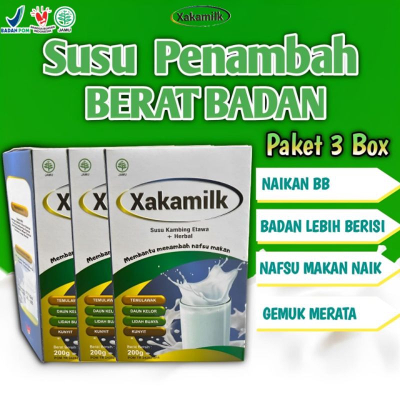 

Susu Xakamilk Original Susu Penggemuk Badan Ampuh Paket 3Box Penambah Berat Badan Asli Menambah Meningkatkan Nafsu Makan Herbal Alami 100% Aman BPOM 200gr