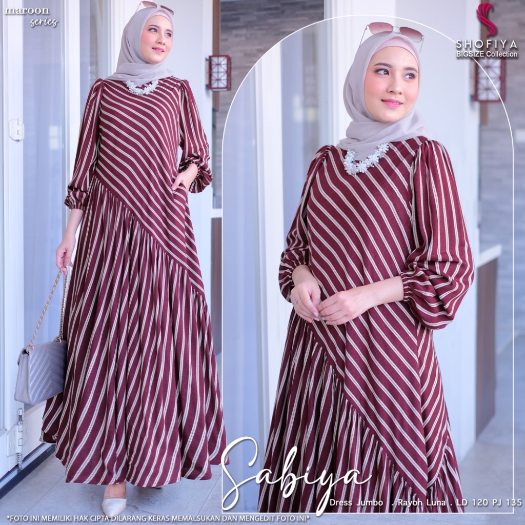 Sabiya baju dress gamis syari jumbo ld 120 rayon salur garis wanita muslim ibu ibu ori terbaru 2024