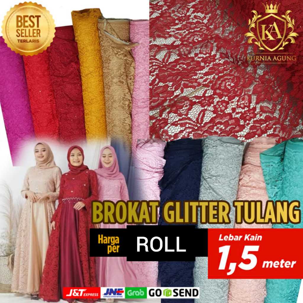 Kain Brokat Brukat Gliter Per Gulungan bahan gamis kebaya mewah ukuran 45m x 1.5m glitter
