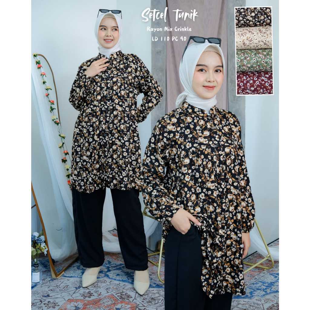 SETCEL TUNIK RAYON MIX CRINKLE BY KHASANAH STORE46 SETCEL MUSLIMAH CANTIK MOTIF MEWAH