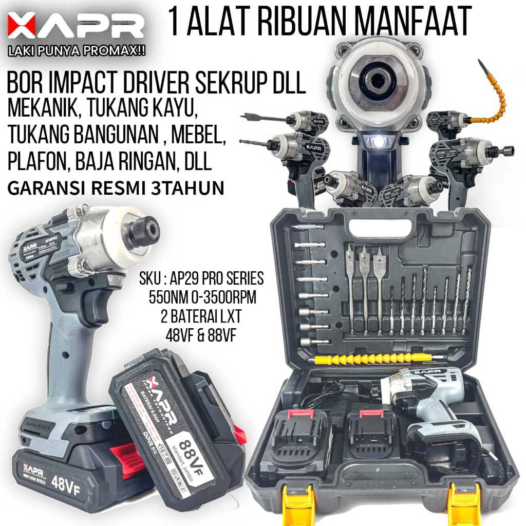 APR raja bor impact driver cordless sekrup AP29PRO 550nm 2baterai lxt besi kayu impact wrench bisa