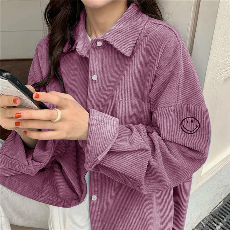 PAKAIAN WANITA BAJU ATASAN KEMEJA HEM SHIRT OVERSIZE CORDUROY BORDIR SMILE "