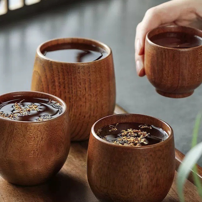 Top Cangkir Kayu Kreatif Jepang Cangkir Teh Anti Panas Kayu Solid Set Teh Cangkir Kayu Nordic