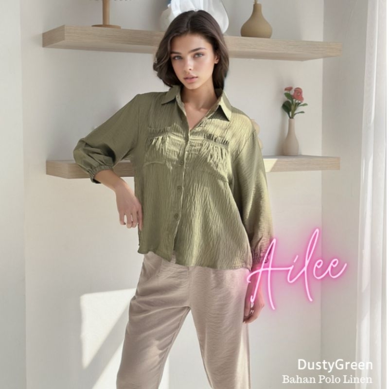 Ailee Kemeja Kantung Kerut / Kemeja Linen Kantong Kerut / Atasan Wanita