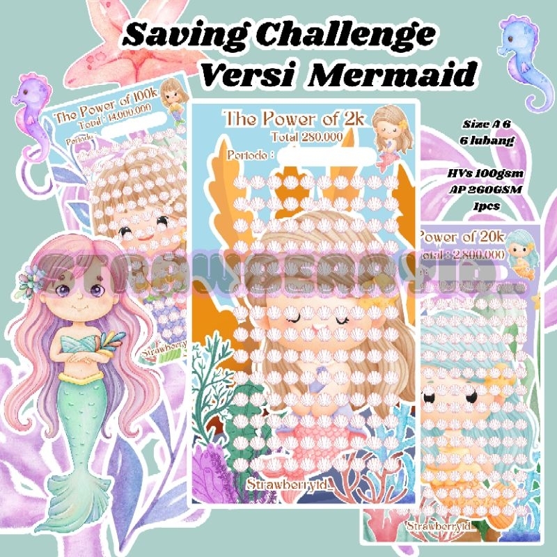 

♡•♡ strawberryid MERMAID ♡•♡ 1 LEMBAR KERTAS MENABUNG SAVING CHALLENGE VERSI MERMAID PUTRI DUYUNG KERTAS ISI BINDER HVS 100GSM PREMIUM ART PAPER 260GSM SINKING FUND