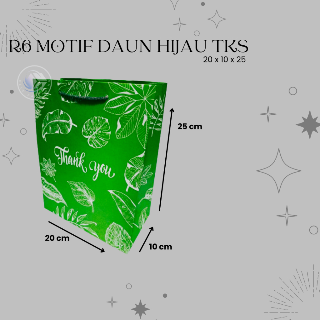 

PAPERBAG R6 MOTIF DAUN HIJAU TKS (size 20x10x25) PAPERBAG HAJATAN PAPERBAG SOVENIR