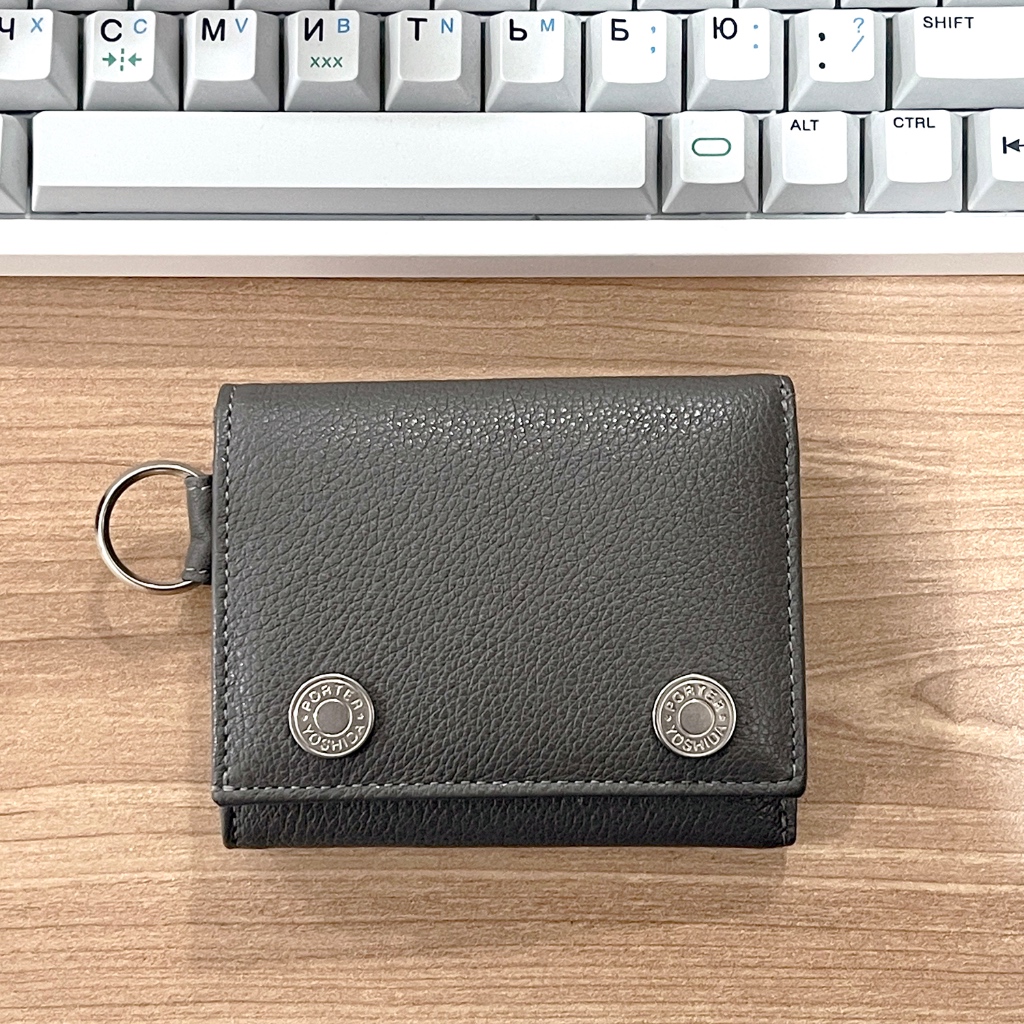 Porter Shrink Tri Purse - Porter Yoshida Trifold Leather Wallet (Grey)