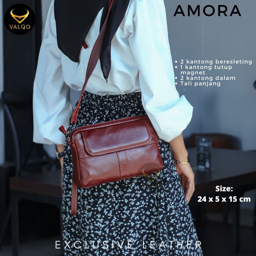 Tas Wanita Selempang Bahu Kulit Sapi Asli Clutch Pouch AMORA Fashion Cewek Perempuan Premium Branded