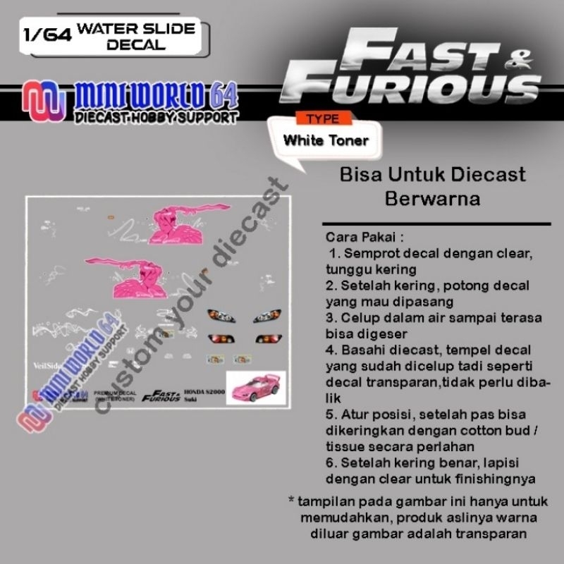 Decal White Toner Hotwheels Fast Furious Honda S2000 Suki