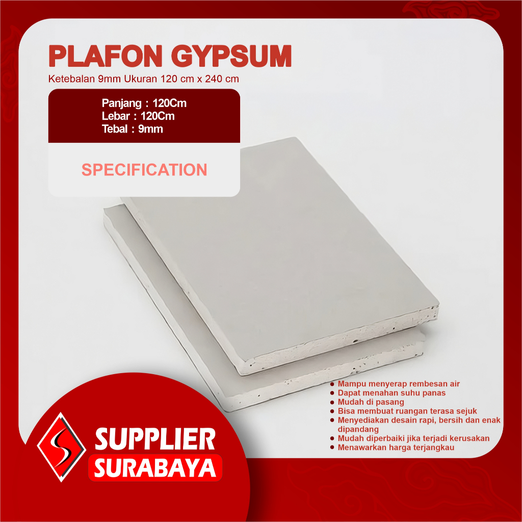 Papan Plafon Gypsum Ukuran 120 cm x 240 cm Per Lembar