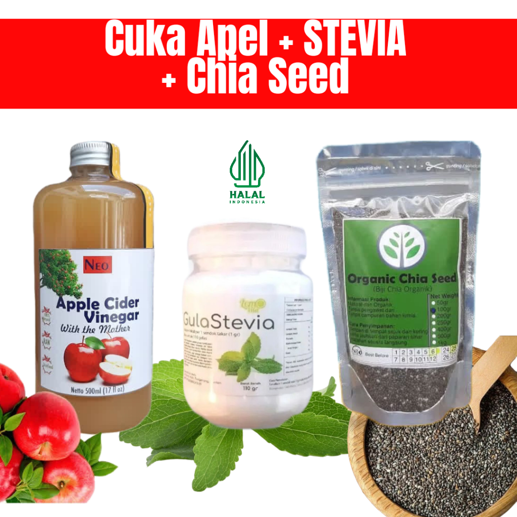 

CUKA APEL+CHIA SEED+GULA STEVIA 110gr (bisa untuk 550 gelas)