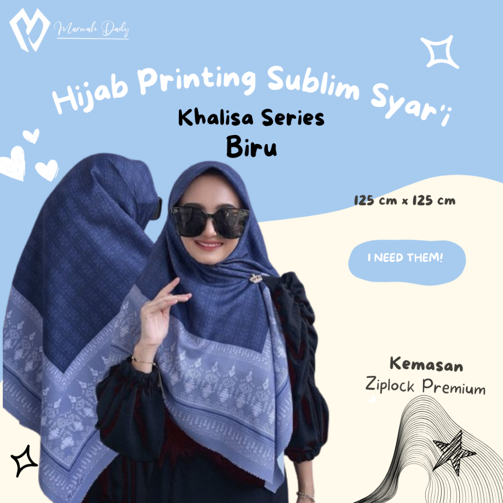 Marwah Daily// Hijab Segiempat Motif Printing Sublim Syar'i// 145 cm// Khalisa Series