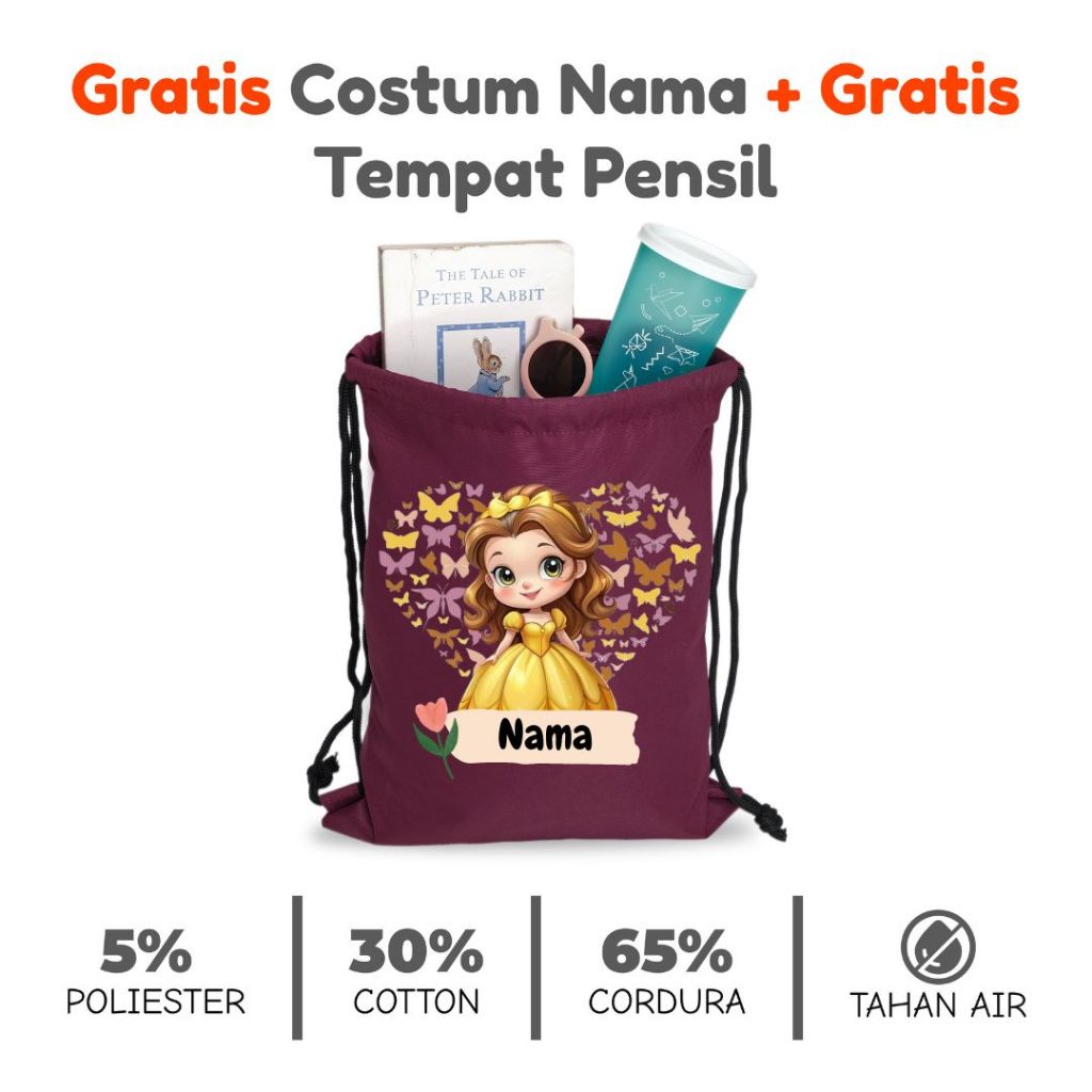 Mieekid's - Tas Ransel Sekolah Motif Princess Belle || Tas Serut Anak Perempuan Lucu