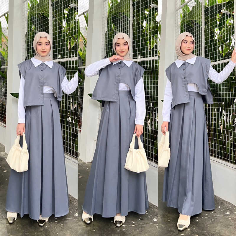 Rereyshop Diana One Set Rok Wanita Bahan Katun Tebal Vest dan Rok One Set Korea One set Hijab