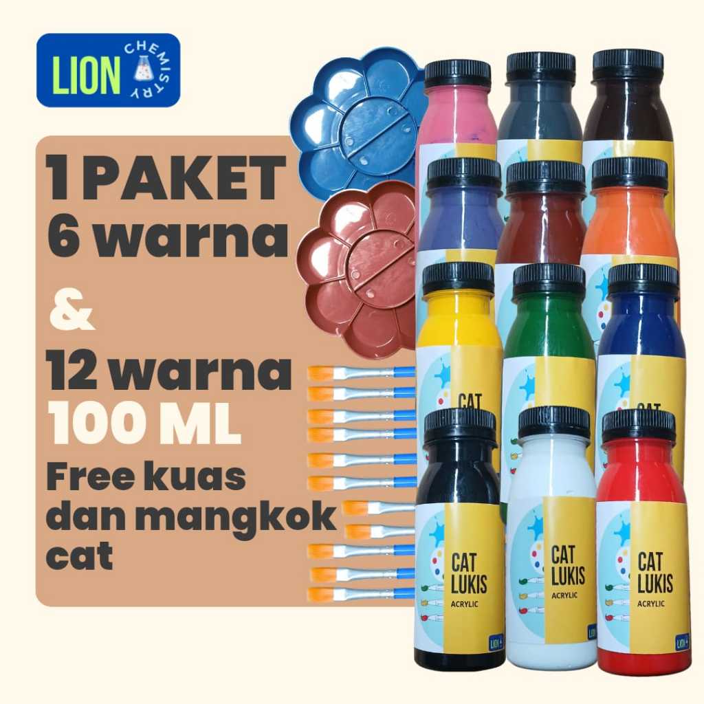 

PAKET ISI 6 WARNA DAN 12 WARNA CAT LUKIS 100 ML FREE KUAS LUKIS DAN MANGKOK CAT