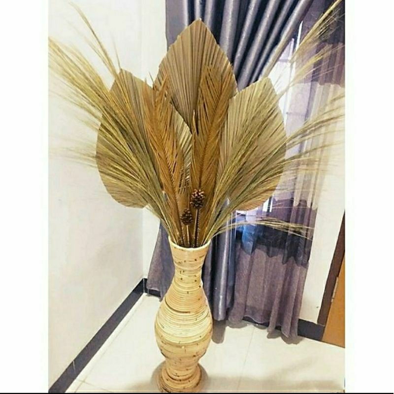 paket bunga dekorasi dengan vas rotan , bunga hias sudut ruangan + vas rotan