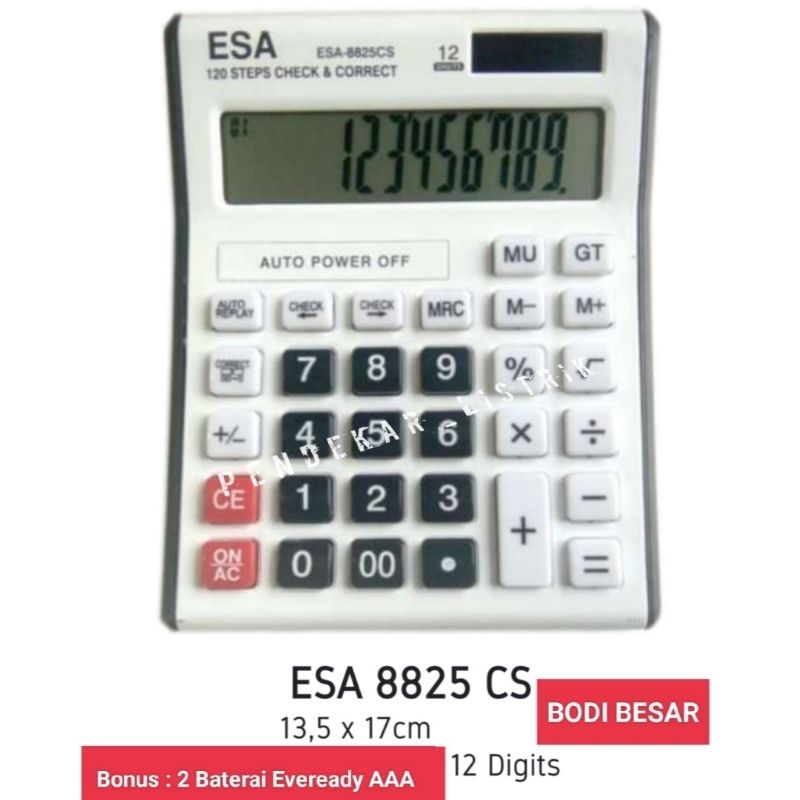 

Kalkulator 12 Digit Bodi Besar ESA-8825CS (Bonus 1 Baterai Eveready AAA)