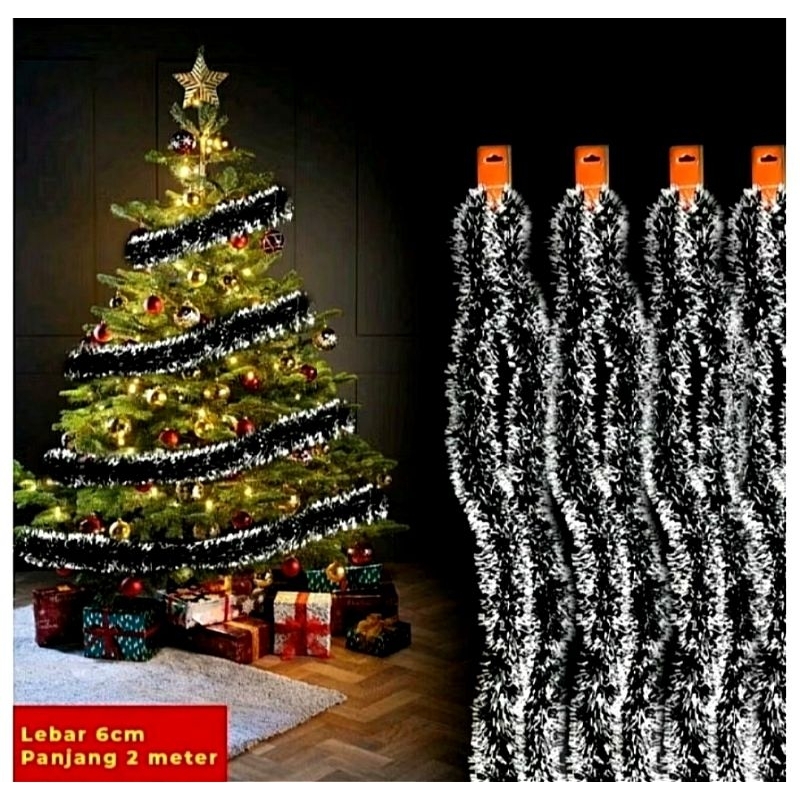 Slinger Natal Black Tinsel Ujung Putih Salju