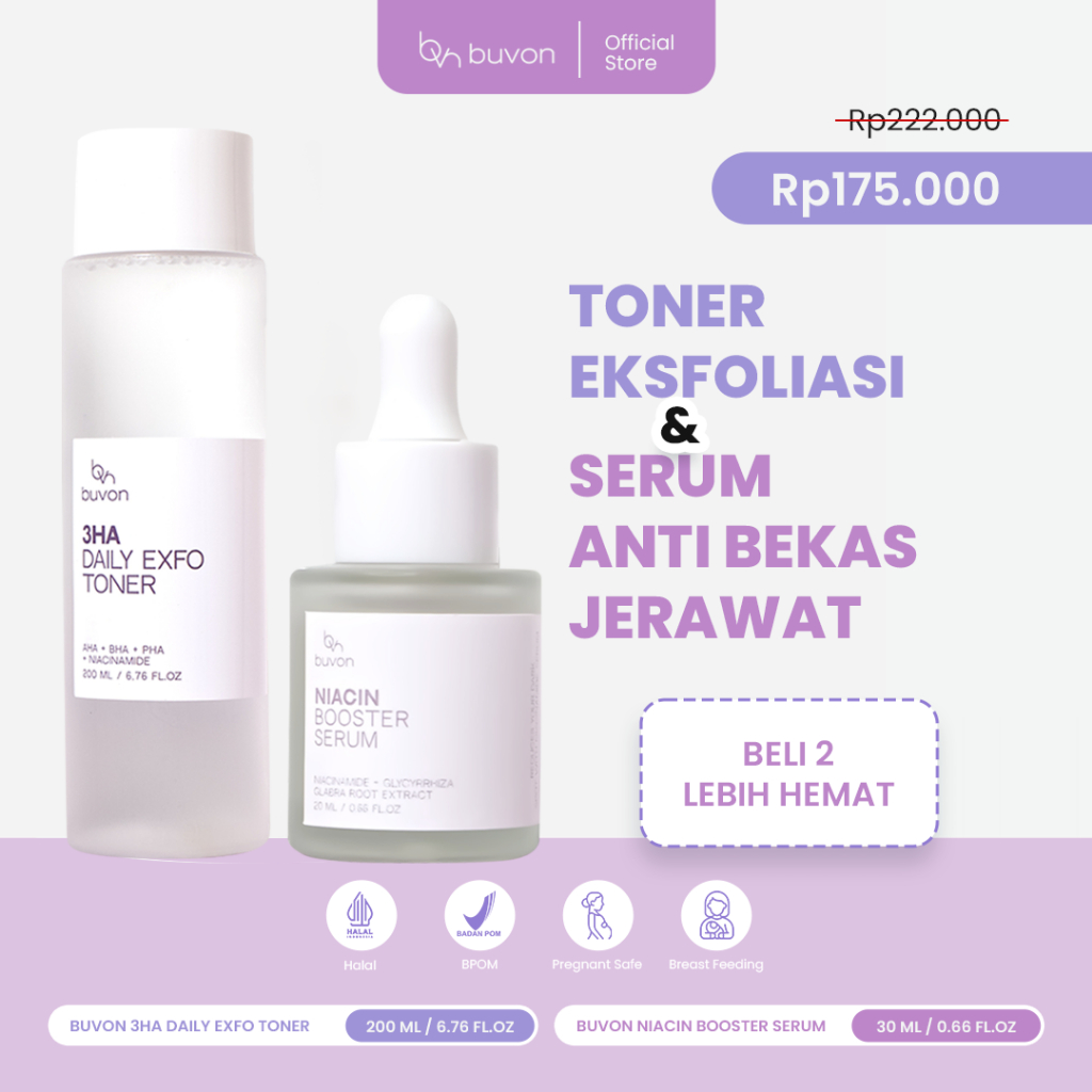 BUVON AHA BHA PHA Daily Exfo Toner & Niacinamide Booster Serum - Paket Eksfoliasi & Anti Bekas Jeraw