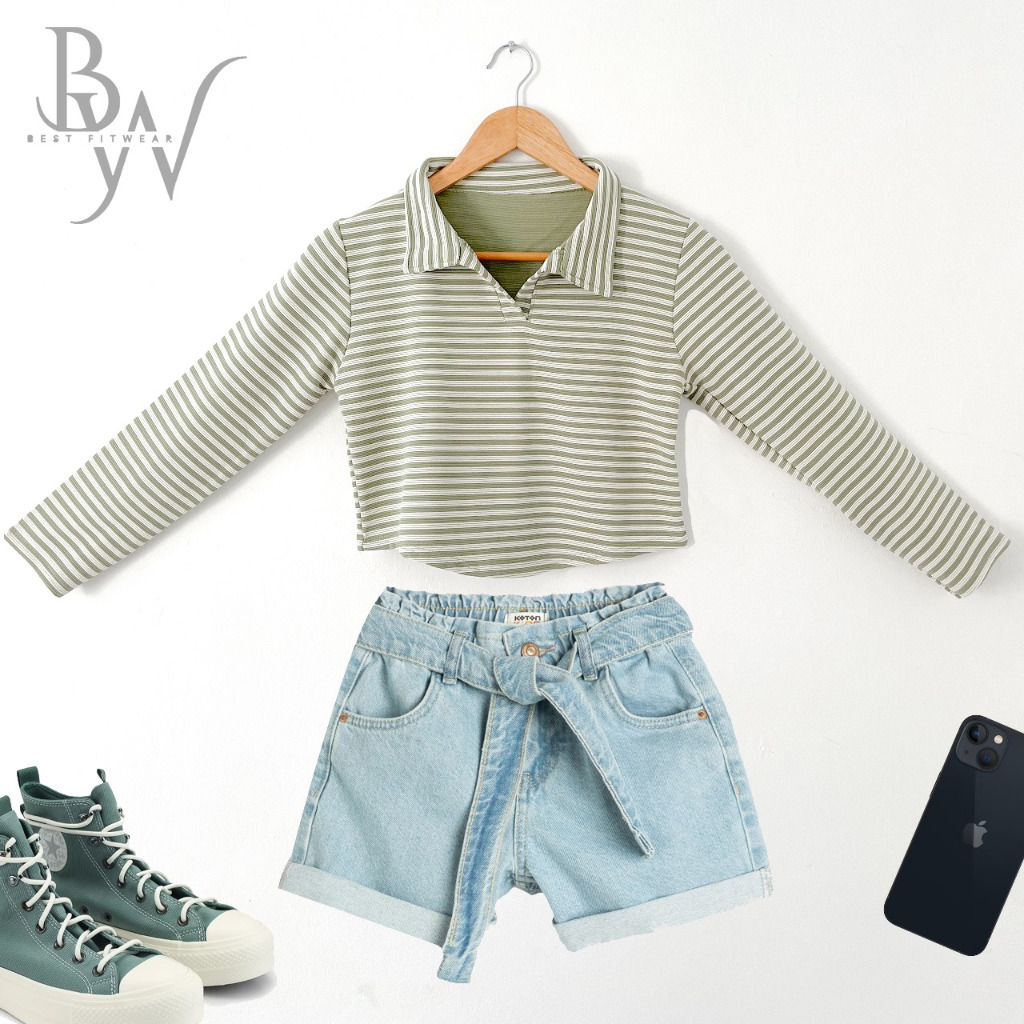 Crop top Polo Shirt Lengan Panjang - Green