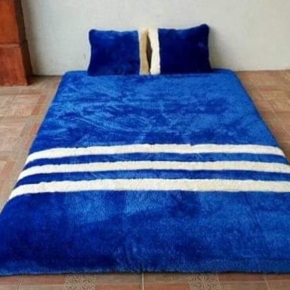 Kasur Lantai Bulu Rasfur Tebal + 2 Bantal | Kasur Bulu Motif Garis | Kasur Lantai Dewasa Anak Langsu