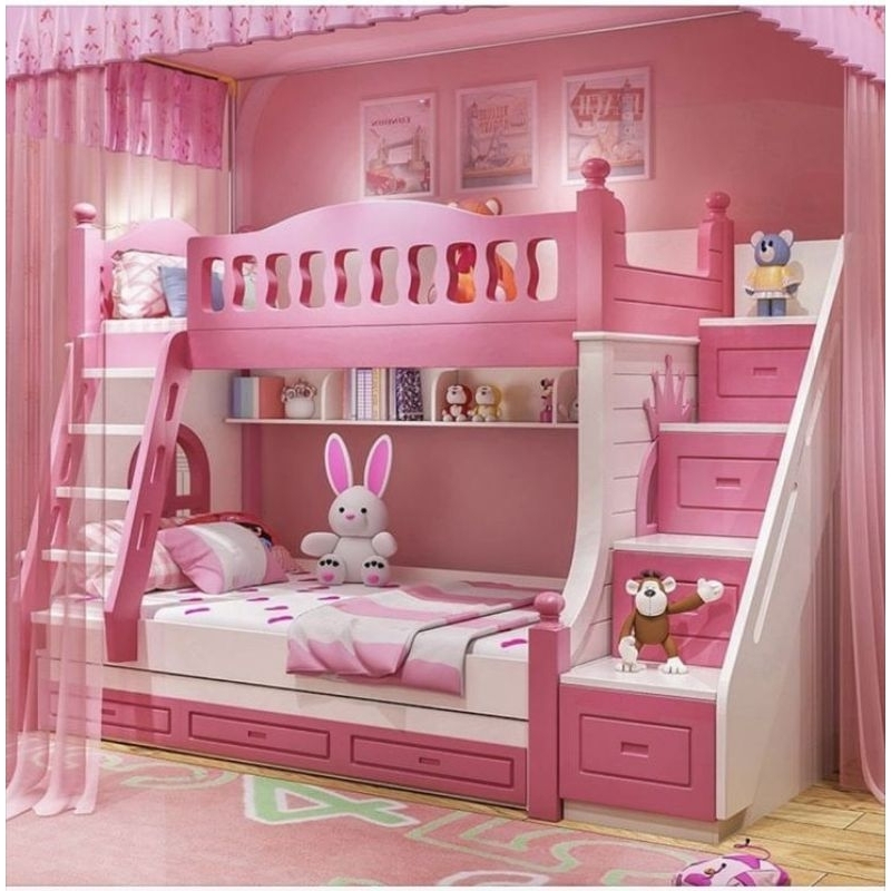 Ranjang susun anak perempuan, Ranjang tingkat lucu warna pink, Tempat tidur tingkat anak perempuan,