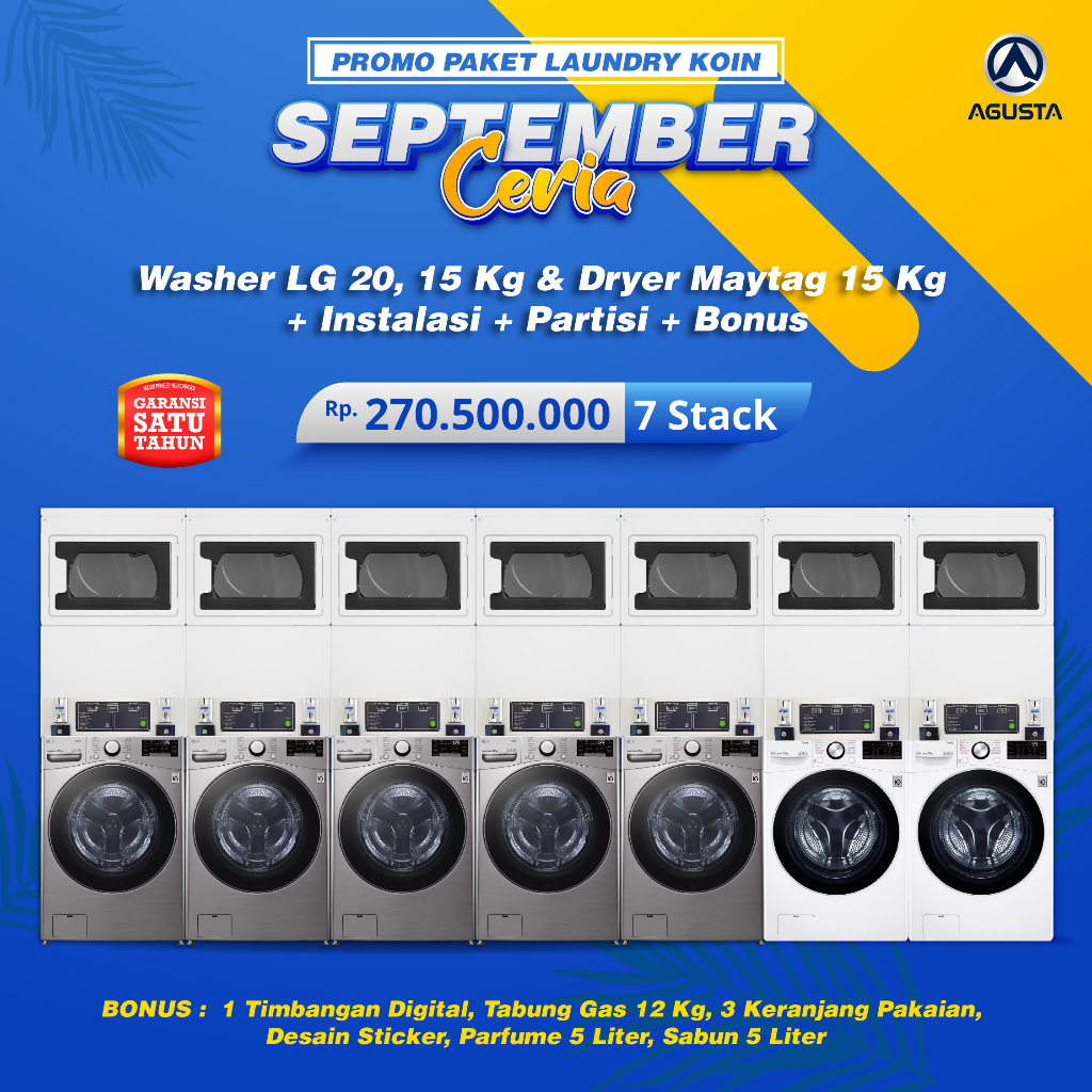 Paket Mesin Laundry Coin 7 Stack Mesin Cuci LG 20, 15kg & Mesin Pengering Maytag 15kg + Partisi + Bo