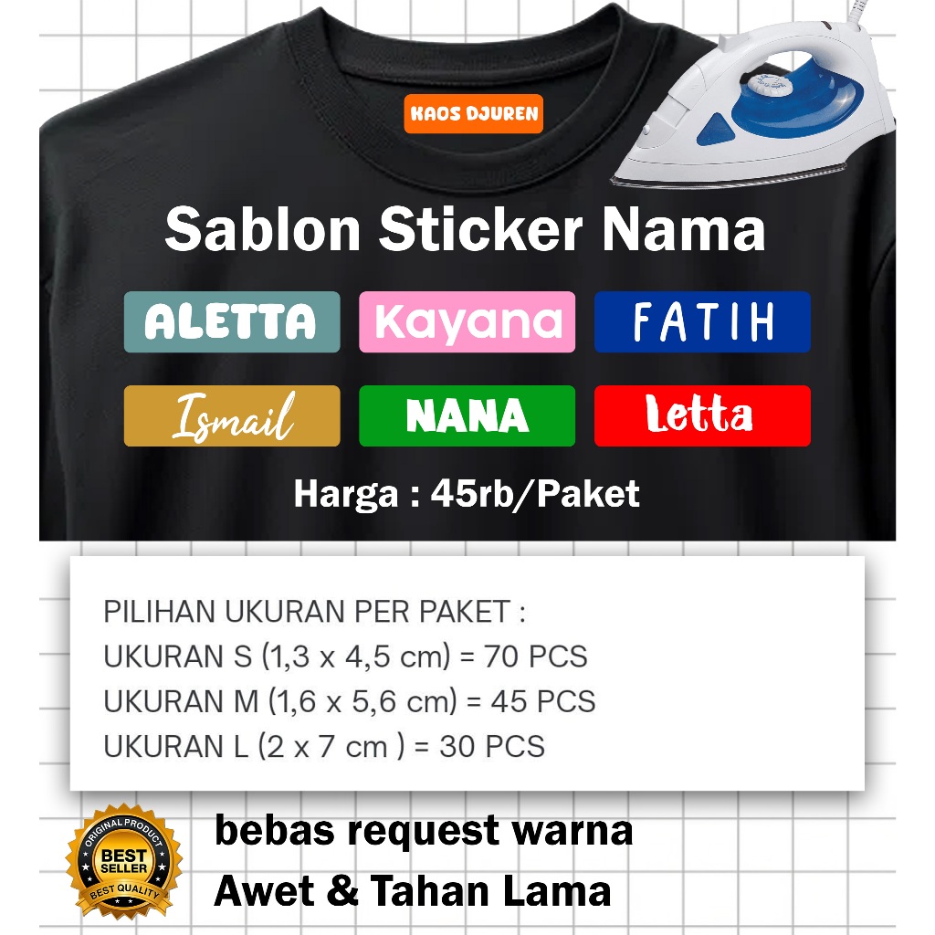 

Sablon Sticker Nama Printing DTF/ Stiker Kain Label Nama Baju Anak Sekolah Pesantren Asrama Name Tag Laundry Sticker Sablon Setrika DTF IF Digital Custom Siap Press