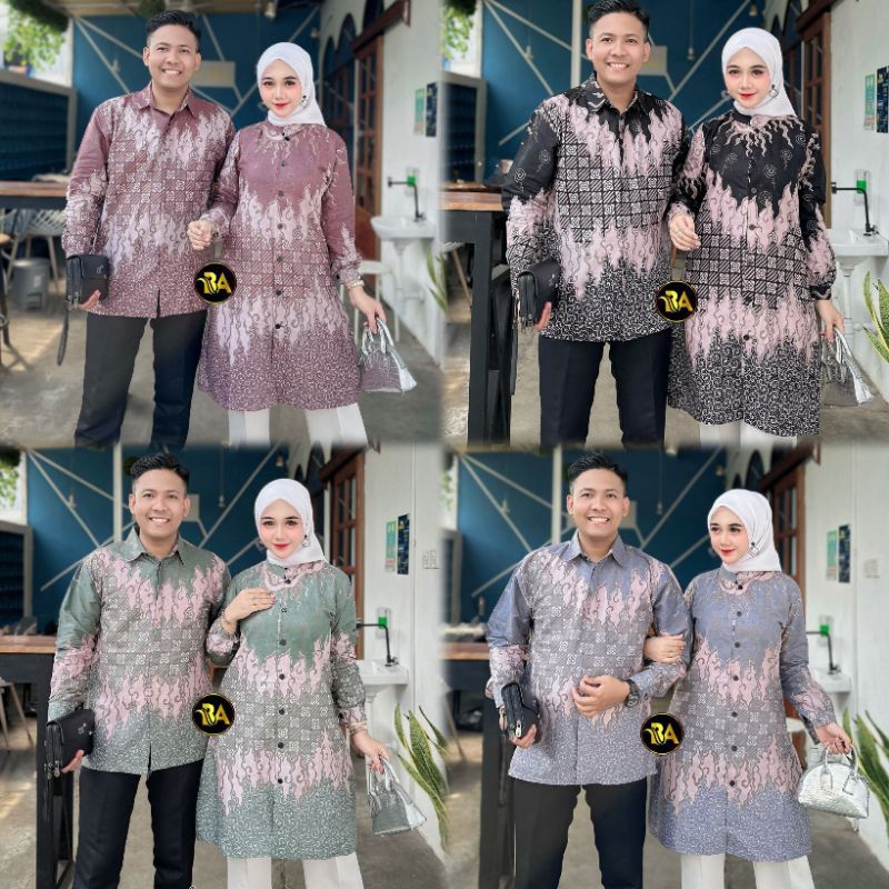 Batik Mardajaya - Set Baju Couple Modern Mega Mendung Tunik Wanita Kemeja Hem Pria Dewasa Lengan Pan