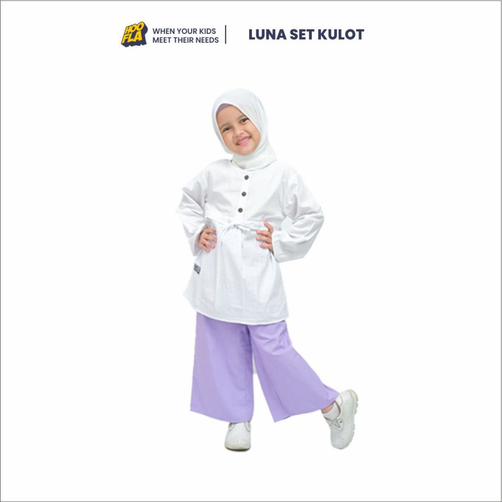 Hoofla Kids LUNA Setelan Blouse Kemeja Kulot Anak Perempuan Muslim 3-12 Tahun Putih Lilac