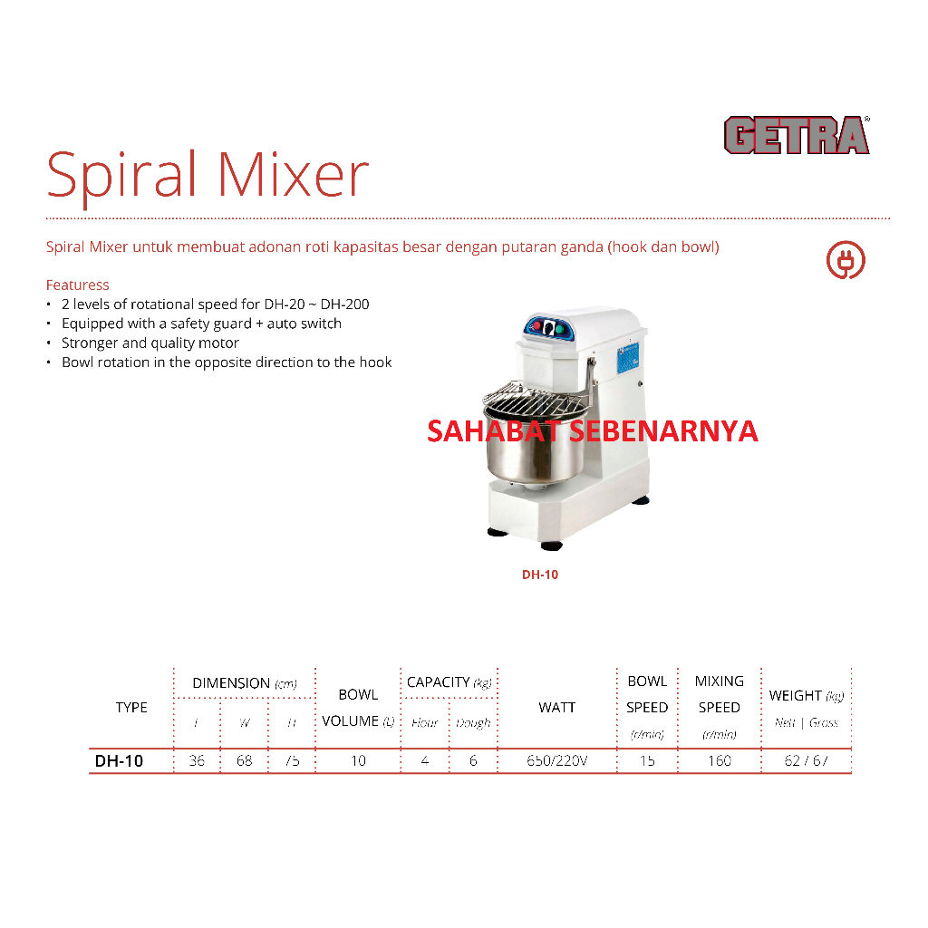 GETRA Spiral Mixer Roti Adonan Tepung DH-10 | Mesin Pengaduk Adonan Kental Heavy Duty
