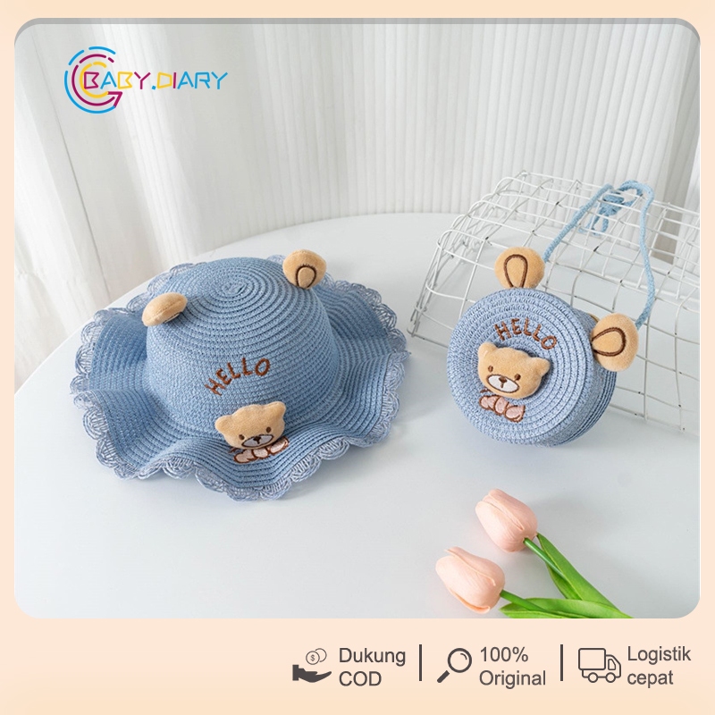 Topi jerami kartun anak-anak + set tas jerami / topi matahari anak perempuan topi pantai + tas
