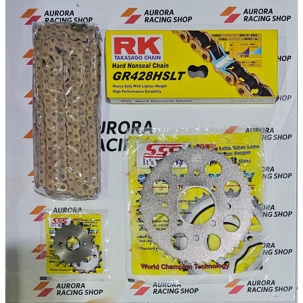 GEAR SET SSS SATRIA FU 150 OLD / BARONG / FACE LIFT / INJEKSI & RANTAI RK 428 HSLT GOLD ORIGINAL