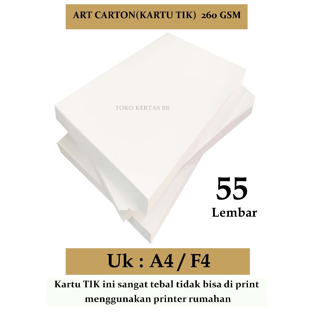 

ART CARTON ( KARTU TIK ) 260 GSM UKURAN A4/F4 , ISI 55 LEMBAR