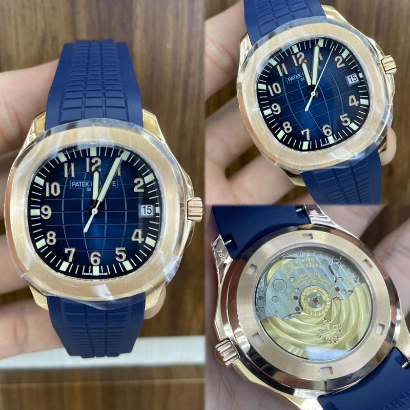 JAM TANGAN PRIA/COWOK PATEK PHILIPPE AQUANUT RUBBER NAVY ROSEGOLD AUTOMATIC SWISS ETA 40mm#Jamtangan