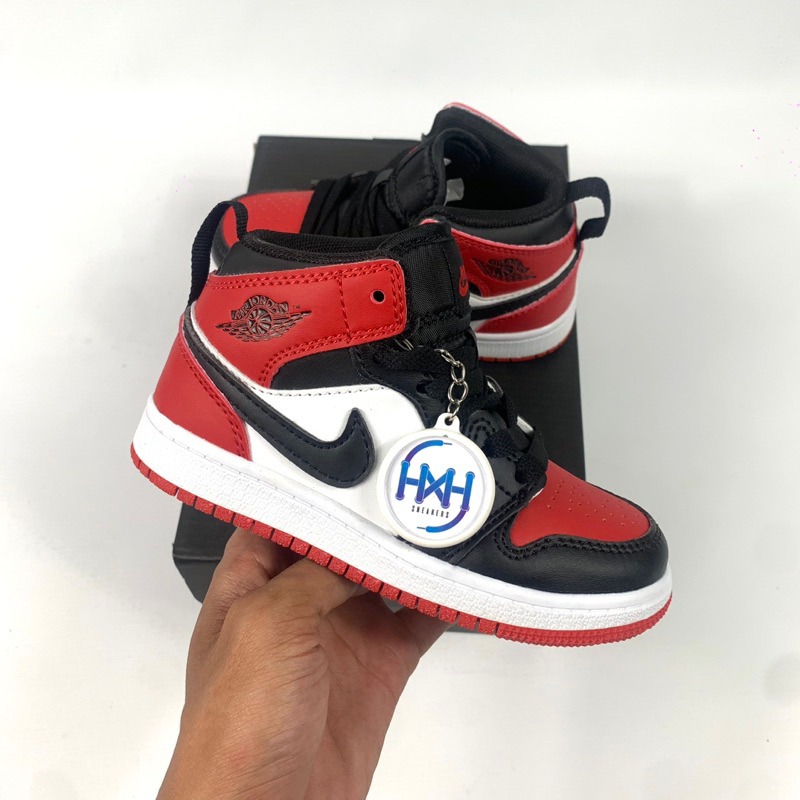 Sepatu Anak AirJordan 1 Kids Hi Bredtoe Black red White - 14480