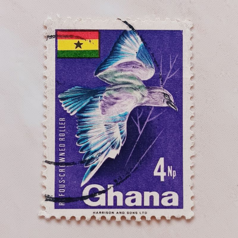 

(AD) Perangko Ghana 1967 Definitives 1967-1969 - Rufous-crowned Roller (Coracias naevia) 4 pesewa Used