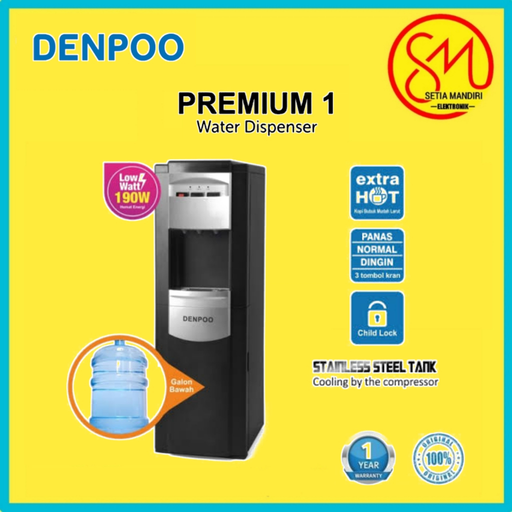 DENPOO PREMIUM1 Dispenser Air Galon Bawah 3 Kran Low Watt Bottom Loading Model PREMIUM-1