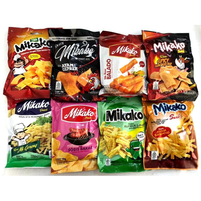 

mikako snack 18 gram 1 dus isi 10 banded 1 banded isi 10 pcs