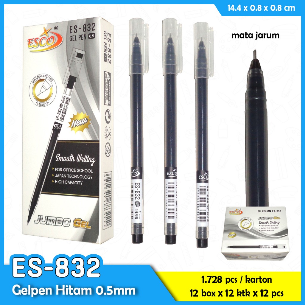 

(12pcs)Bolpen Esco Jumbo ES-832 Pen Gel 0,5 mm Tinta Hitam Anti Macet Luntur Murah Grosir Lusin