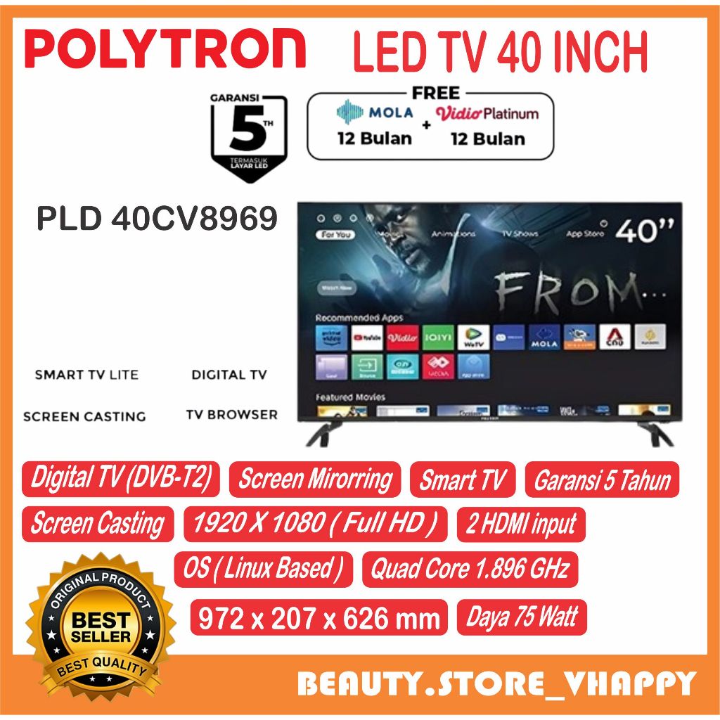 LED TV Polytron 40 INCH SMART TV PLD-40CV8969 Digital Tv Full Hd Garansi Resmi
